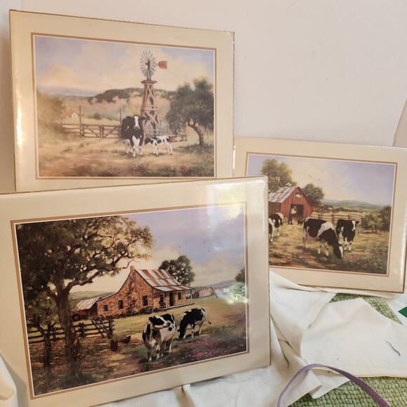 Set 3 Farmhouse Cow Prints Vintage Country Barn Windmill Art Kitchen Wall Decor - Picture 1 of 10